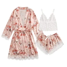 Women's Sleepwear Winter 5pcs Silk Satin Pajama Set Sexy Cami Top Nightgown Lace Sleepwear Robe Dressing Gown Nightdress with Chest Pad