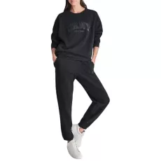 Women's Sleeve Varsity Satin Applique Logo Fleece Long Line Sweatshirt, Black, Medium Women's Sleeve Varsity Satin Applique Logo Fleece Long Line Sweatshirt, Black, Medium
