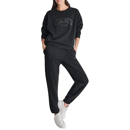 Women's Sleeve Varsity Satin Applique Logo Fleece Long Line Sweatshirt, Black, Medium