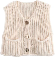 Womens Sleeveless Crop Knit Cardigan Casual Button Down Cropped Knitted Sweater Vest with Pockets Beige