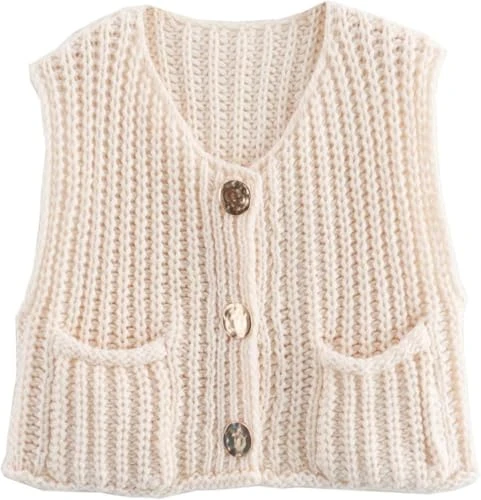 Womens Sleeveless Crop Knit Cardigan Casual Button Down Cropped Knitted Sweater Vest with Pockets Beige