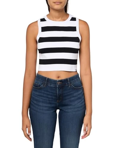 Women's Sleeveless Cropped Stripe Jeans Sweater, White/Black Combo, L