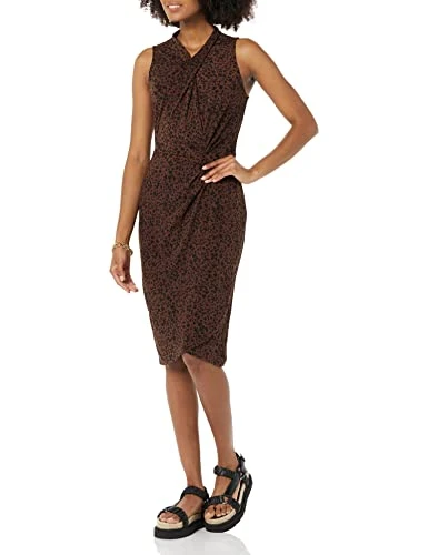 Women's Sleeveless Crossover Twist Neck Faux Wrap Dress, Dark Toffee Brown Cheetah, L