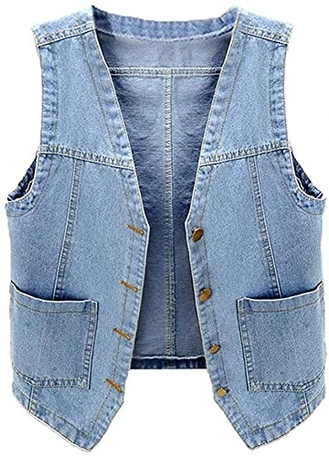 Women's Sleeveless Denim Vest V Neck Button Down Waistcoat Jacket