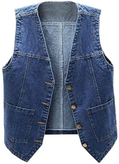 Women's Sleeveless Denim Vest V Neck Button Down Waistcoat Jacket