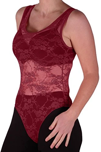 - Womens Sleeveless Floral Lace Bodysuit Stretch Ladies Leotard Scoop Neck Body Top Wine M/L