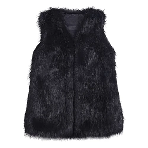 Womens Sleeveless Jacket Winter Warm Fashion Faux Fur Waistcoat Fuzzy Outerwear Solid Color Body Warmer Lightweight Gilets Coat Black