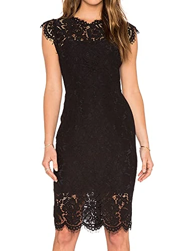 Women's Sleeveless Lace Floral Elegant Cocktail Dress Crew Neck Knee Length Party Black