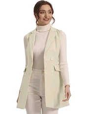 Women's Sleeveless Long Coat Double Breasted Belt Waist Lightweight Trench Coat Apricot L