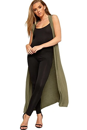 Women's Sleeveless Maxi Long Length Boyfriend Cardigan Collar Long Floaty Duster Jacket Coat Blazer Waistcoat - Khaki Green - 20-22
