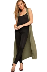 Women's Sleeveless Maxi Long Length Boyfriend Cardigan Collar Long Floaty Duster Jacket Coat Blazer Waistcoat - Khaki Green - 20-22