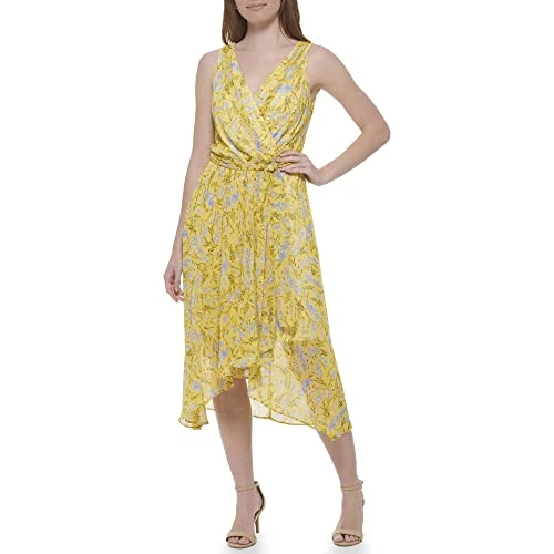 Women's Sleeveless Midi Faux Wrap Chiffon Dress, Mango Multi, 18