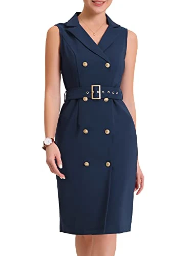 Women's Sleeveless Notched Lapel Double Breasted Belted Work Office Blazer Dress Navy Blue L