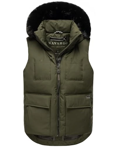 Women's Sleeveless Outdoor Vest Warm Winter Jacket with Hood and Removable Faux Fur Cinnamon Bunny XIV Cinnamon Bunny XIV S-XXL, dark olive, L
