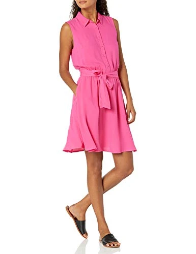 Women's Sleeveless Relaxed-Fit Woven Shirt Dress, Hot Pink, L