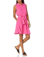 Women's Sleeveless Relaxed-Fit Woven Shirt Dress, Hot Pink, L