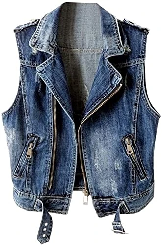 Women's Sleeveless Ripped Zip Up Denim Vest Waistcoat Jean Trucker Moto Coat (18, Blue)