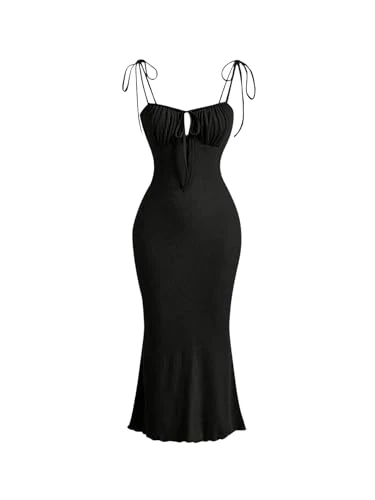 Women's Sleeveless Ruched Bust Bodycon Cami Dress Tie Front Party Long Dresses Black M