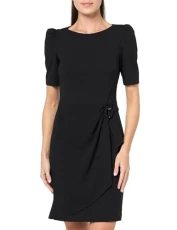 Women's Sleeveless Scuba Crepe Faux Wrap with Logo Hardware Dress, Black, 6 Women's Sleeveless Scuba Crepe Faux Wrap with Logo Hardware Dress, Black, 6