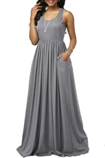Womens Sleeveless Summer Muscle Racer Back Strappy Ruched Pockets Vest Maxi Long Dress Racer Back Grey Plus Size (UK 16/18) Womens Sleeveless Summer Muscle Racer Back Strappy Ruched Pockets Vest Maxi Long Dress Racer Back Grey Plus Size (UK 16/18)