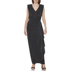 Women's Sleeveless V Neck Blouson Gown, Black and Silver, 6