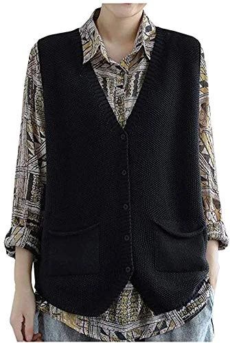 Women's Sleeveless V-Neck Knitted Gilets Sweaters Jumpers Tank Vests (UK 14, Black)