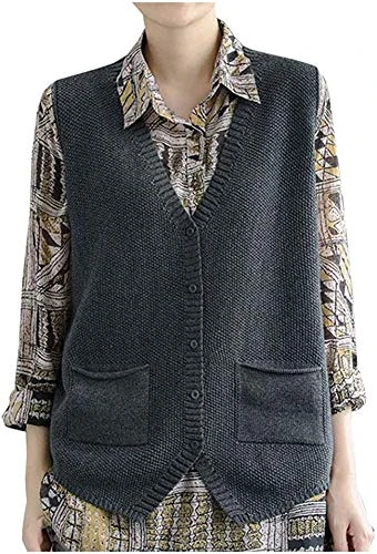 Women's Sleeveless V-neck Knitted Gilets Sweaters Jumpers Tank Vests (UK 14, Gray)