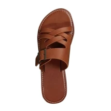 Women's Slides Elegant Sandals Flat Leather Without Heel Sandals Vintage Cross Strap Sandals with Bu