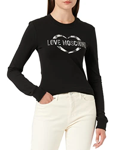 Women's Slim fit Long Sleeves Crew-Neck with Brand Heart olographic Print. Sweatshirt, Black, 38