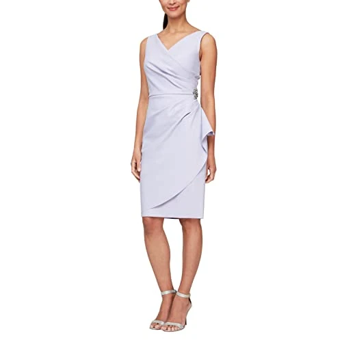 Women's Slimming Short Ruched Dress with Ruffle (Petite and Regular) Special Occasion, Lavender, 18