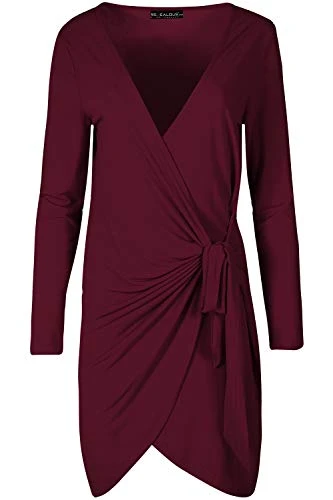 Womens Slinky Wrap Over Tie Knot Mini Dress Wine Large (UK 12)