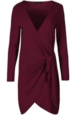 Womens Slinky Wrap Over Tie Knot Mini Dress Wine Large (UK 12) Womens Slinky Wrap Over Tie Knot Mini Dress Wine Large (UK 12)