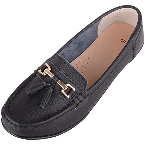 Womens Slip On Casual Leather Loafer/Deck/Boat Shoes/Sandals - Black - UK 6