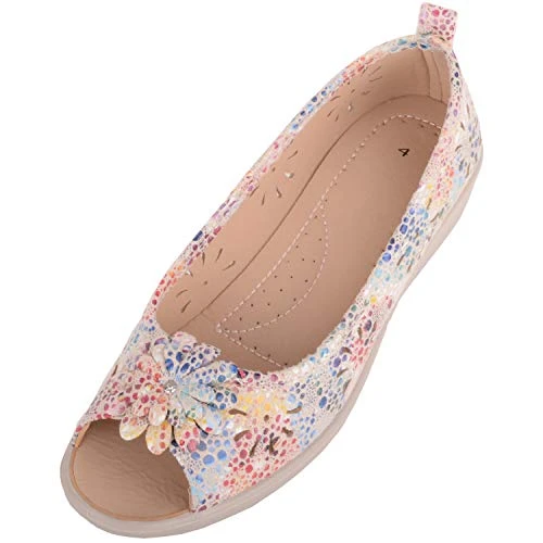 Womens Slip On Colourful Casual Peep Toe Floral Wedge Sandal Shoe (Beige, numeric_6)