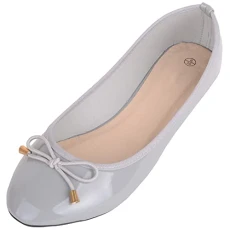 Womens Slip On Faux Patent Leather Smart Casual Work School Ballerina Style Dolly Shoes - Grey - UK 