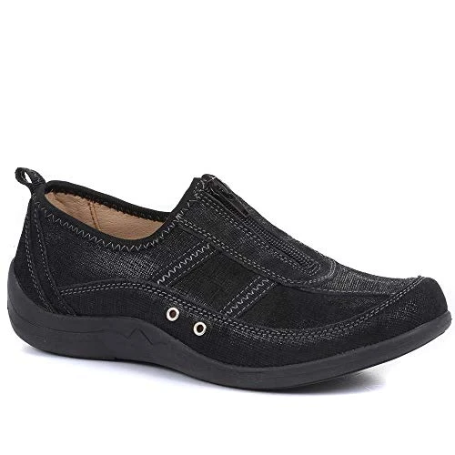 Women's Slip On Leather Shoes in Black - Comfortable Wide D/E Fit Trainers with Cushioned Footbed - 