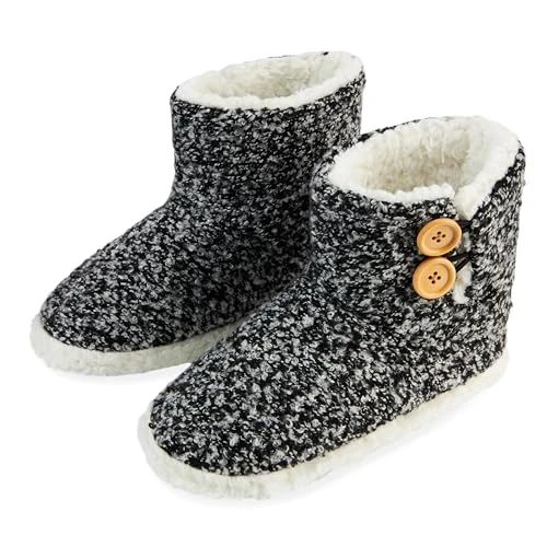 Womens Slippers, Warm Faux Sheepskin Slipper Bootie with Memory Foam (Black Marl, 7 UK)