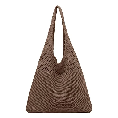 Women's Slouch Bag Portable Retro Hollow Knitted Handheld Crochet Handbags One Shoulder Bag Tote Bags For Women (Coffee,One Size)