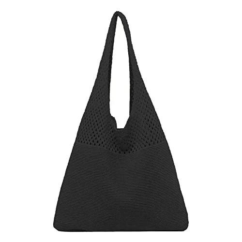 Women's Slouch Bag Portable Retro Hollow Knitted Handheld Crochet Handbags One Shoulder Bag Tote Bags For Women (Black,One Size)