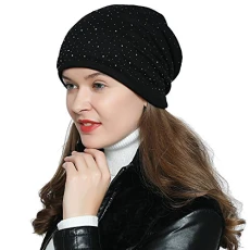 Women's Slouch Beanie with strass rhinestones and soft inner lining - Black Women's Slouch Beanie with strass rhinestones and soft inner lining - Black