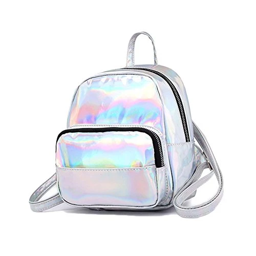 Women's Small Shoulder Bag Casual Day Pack Waterproof Glossy Bags Leisure Travel School Bag Backpack Silver