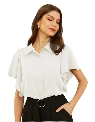 Womens Smart Casual Chiffon Office Shirts Button-up Ruffle Sleeves Blouse Tops for Summer White L