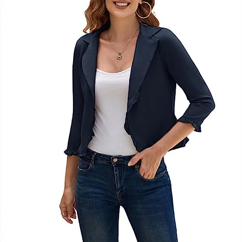 Womens Smart Casual Open Blazer Cardigan 3/4 Sleeve Daily Short Jacket Navy Blue XXL