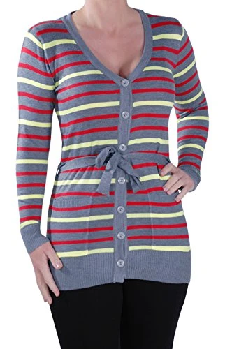 Womens Smart Striped Cardigan Ladies Stripe Stretch Belted Fine Knit Cardi
