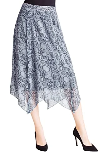 Women's Snakeskin Printed Sharkbite Hem Midi Skirt, Earl Grey Combo, X-Small