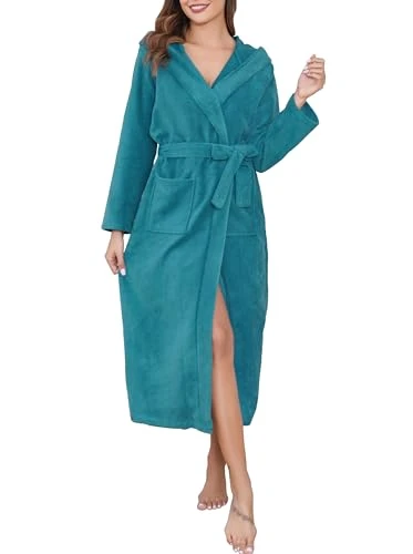 Women's Soft Dressing Gown, Full-Length Robes V Neck Luxury Terry Towelling Bathrobes for Spa Hotel Home with Hooded & Pockets,Peacock Blue,L