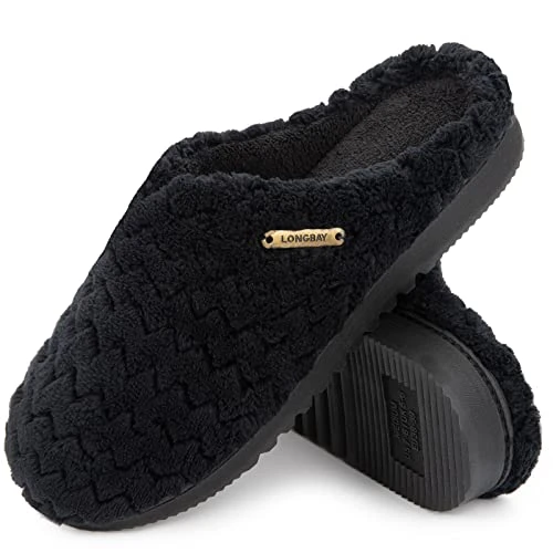 Women’s Soft Flannel Memory Foam Slippers Slip on House Shoes Indoor Outdoor（5-6，Black）