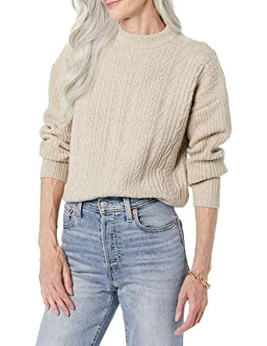 Women's Soft-Touch Modern Cable Crewneck Sweater (Available in Plus Size), Tan Heather, M
