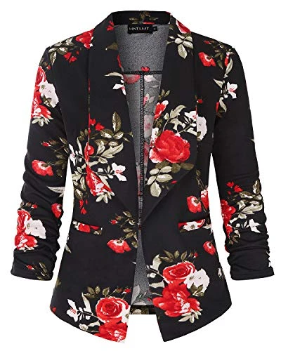 Womens Solid 3/4 Ruched Sleeve Open Front Lapel Work Office Blazer Jacket (Floral_Red Black XL)