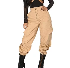Women's Solid Color Casual Trousers Bloomers Drawstring Trousers Pocket Buttons Wide-Leg high-Waist Trousers Boyfriend Style Trousers Khaki Women's Solid Color Casual Trousers Bloomers Drawstring Trousers Pocket Buttons Wide-Leg high-Waist Trousers Boyfriend Style Trousers Khaki